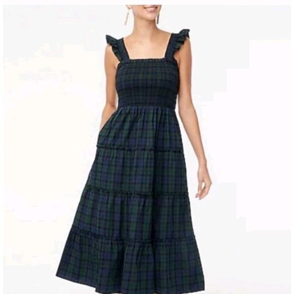 J. Crew Dresses & Skirts - J Crew Tartan Plaid Smocked Womens MEDIUM Tiered $128 Dress Cotton Poplin